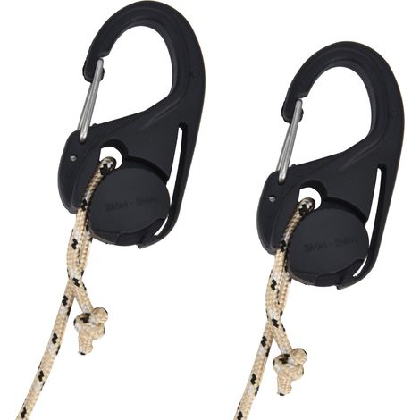 2 Stück robuste Seilspanner mit Ratsche, Karabiner zur Seilsicherung, Zeltbefestigung außen (1/5)