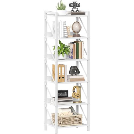 Bibliothèque à 6 Niveaux, Étagère d’Angle Moderne, Présentoir avec Rangement, Cadre métallique, pour Salon, Chambre, Bureau, Cuisine, entrée, Blanc (1/5)