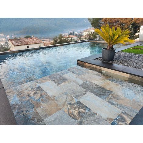 Margelle basalte noir 35x120x3cm – Bord droit flammé brossé – Pour contours de piscine et appuis de fenêtres