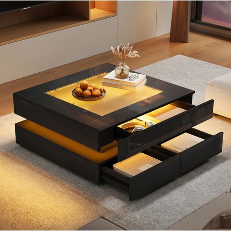 Tavolino da caffè a LED 70x70x35 cm per soggiorno, quadrato con 3 cassetti, piano in vetro temperato, nero lucido (1/5)