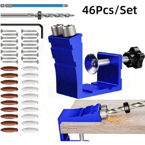 Kit de gabarit pour trous de poche 46 pièces, outil de perçage pour trous inclinés de menuiserie à 15 degrés, Bleu (1/4)