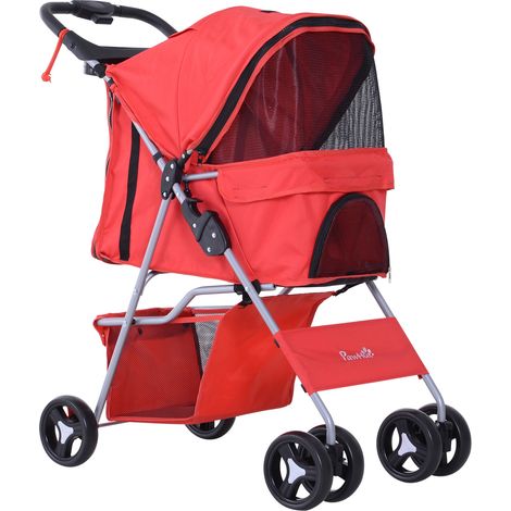 Poussette pliable pour petits chiens, avec freins, porte-gobelet, panier de rangement, 3 fenêtres et roues avant pivotantes à 360°, pour animaux jusqu'à 10 kg, rouge.