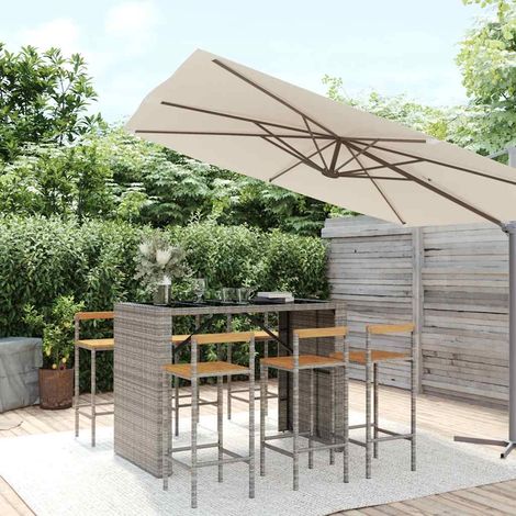 vidaXL Mesa bar y taburetes jardín 7 pzas madera acacia ratán PE gris (1/5)