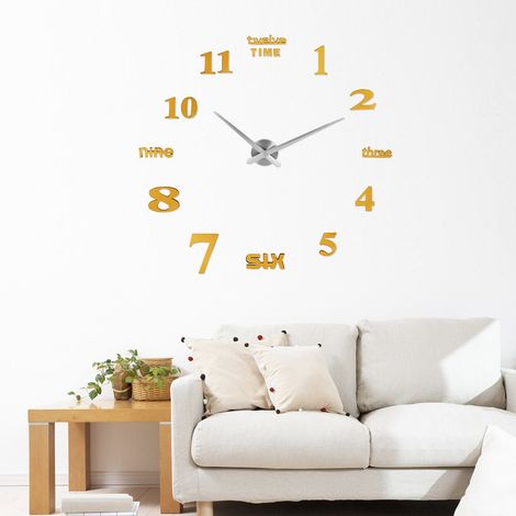 Horloge murale moderne à grands chiffres en acrylique miroir 3D, autocollant décoratif à faire soi-même (doré) (1/5)