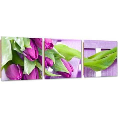 Quadro deco panel 3 parti, Tulipani viola in un bouquet - 90x30 (1/5)