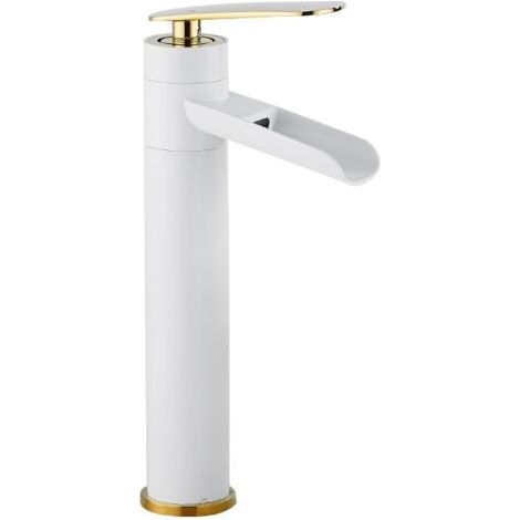 Bassin Robinet à trou de salle de bain robinet d'eau chaude et à eau froide, blanc et or, haut, robinet de salle de bain, de lavabo monotrou (1/5)