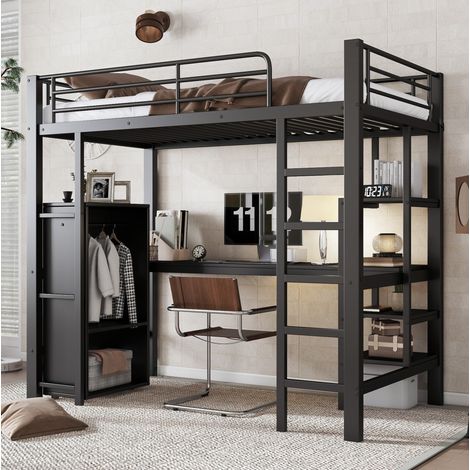 Etagenbett Metall/MDF Schwarz 90x200 cm mit Schreibtisch, Regalen und Kleiderschrank (1/5)