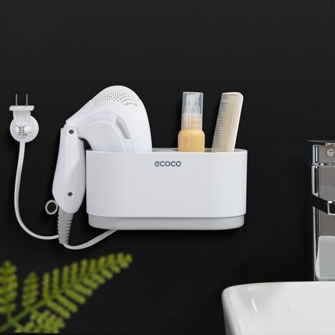 FENOPLASTICASupport mural pour sèche-cheveux gris, sans perçage, pour salle de bain ou toilettes, gain de place. (1/5)
