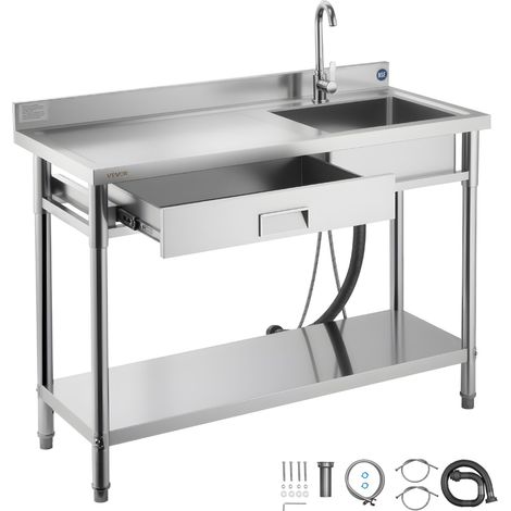 Évier cuisine utilitaire en acier inoxydable, évier professionnel autoportant à cuve unique avec tiroir, robinet et tuyau d'eau chaude et froide, pour garage, restaurant, buanderie 120x50x94 cm (1/5)