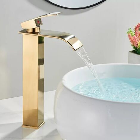 Goldene Wasserfall-Waschtischarmatur, Wasserfall-Badezimmerarmatur mit höhenverstellbarem Auslauf, Warm- und Kaltwasser-Waschtischarmatur, Edelstahl-Badarmatur (1/5)