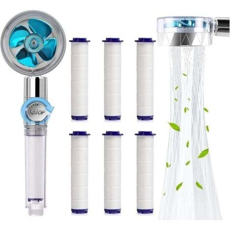 Coavas Douchette, Pommeau de Douche Anti Calcaire Economie Deau, Pommeau de Douche Helice Haute Pression Filtre à Trois Niveaux Système de Filtrage avec Filtre 6 Coton PP Remplaçable (Bleu) (1/5)