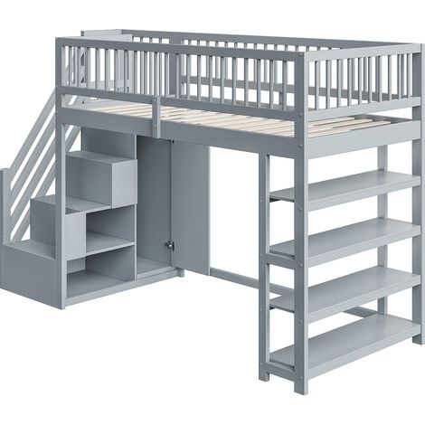Graues Hochbett 90 x 200 cm mit Kleiderschrank, Regalen und Sicherheitsleiter (1/5)