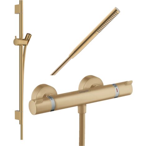 HANSGROHE Pack mezclador termostático de ducha Ecostat Comfort + barra Unica S Puro + flexible + rociador Pulsify S bronce cepillado