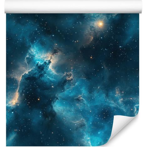 Aquarell-Galaxie-Tapete, Türkis und Marineblau, Weiche Formen, 50 x 1000 cm (1/5)