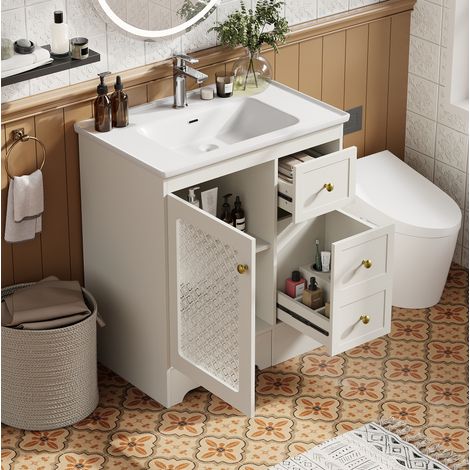 Mobile lavabo 80 cm con sgabello integrato, lavabo in ceramica, cassetti e LED, in MDF, bianco (1/5)