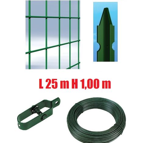 Recinzione Completa25mt Lineari Rete Metallica Plastificata (Rete h100 cm) (Maglia:mm75X50) con Paletti nel Cemento (1/2)