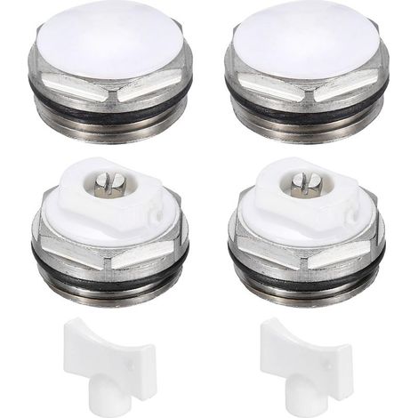 PATIKIL 2 ensembles de valves manuelles de purge d'air pour radiateur avec filetage mâle 3/4" BSP et clé, bouchon en laiton nickelé pour radiateur chauffage, couleur argenté/blanc (1/5)