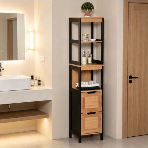 Mobile bagno 30x30x144,3 cm in bambù e MDF nero e naturale salvaspazio – MEUBLIV (1/5)