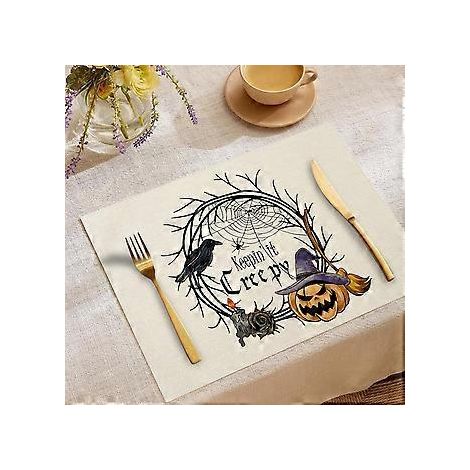 Halloween-Tischsets aus Leinen, Serie „Süßes oder Saures“, Kombinations-Tischsets, Restaurant-Festtagsdekoration, Geschirr-Isolierunterlagen (YMCD-23)