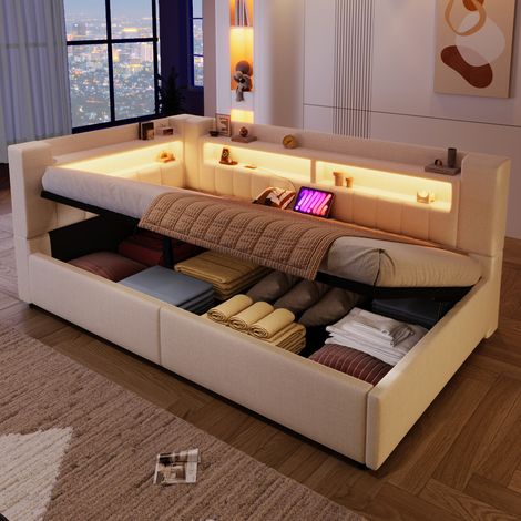 Lit banquette 90x200cm Lit coffre hydraulique USB Type-C LED - lin - beige (1/5)