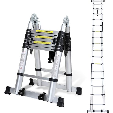 Wolketon Escalera telescópica de aluminio 2.5m+2.5m Plata sin ganchos Con estabilizador Con ruedas carga máx. 150 kg