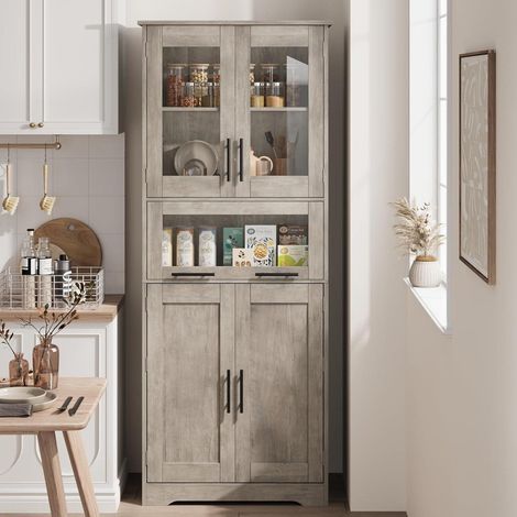 Küchenschrank 170cm Grau mit 4 Fächern, 2 Holz- & 2 Glastüren, Hochziehschublade (1/5)