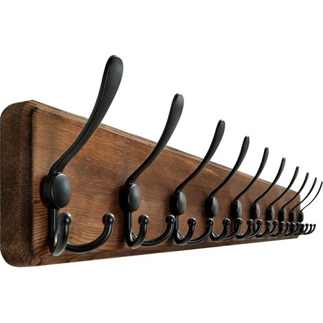 Porte Manteau Mural Bois 98cm Long,10 Crochets Triples,Patère Murale,Bois Massif Porte Manteau Salle De Bain pour Manteaux Veste,Marron (1/5)