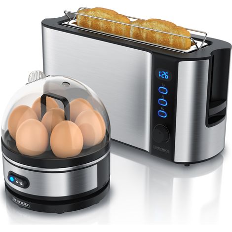 Arendo 2-teiliges Frühstücksset, 1000W Langschlitz Toaster für 2 Scheiben, Eierkocher SEVENCOOK, Silber (1/5)