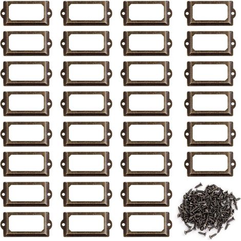 Metall-Etikettenhalter, 30 Stück Etikettenrahmen mit Schrauben, Retro-Bronze-Türgriffrahmen für Möbel, Schubladen, Schränke, Bücherregale (70 x 33 mm)
