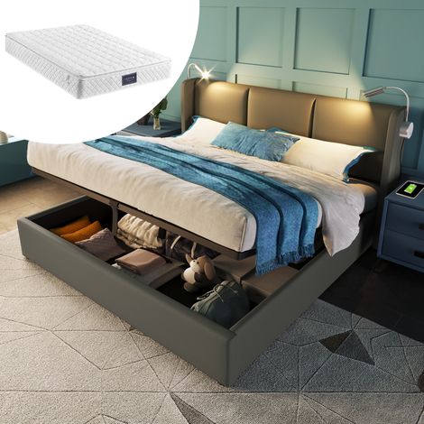 Polsterbett PU Grau 160x200 cm mit Stauraum, Lattenrost, Matratze, Leselicht und USB-Ladefunktion (1/5)