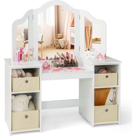 COSTWAY Tocador de Maquillaje Niña, 2 en 1 Mesa de Maquillaje con Espejo Plegable y Extraíble, Compartimentos Abiertos, Mesa Tocador Infantil de Madera (Blanco, con cajones)