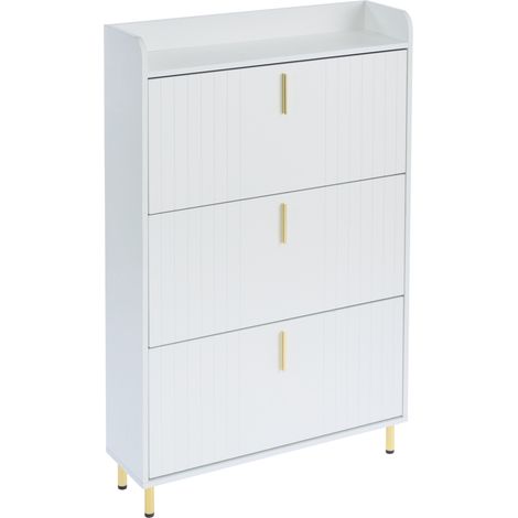 Meuble à chaussures à 3 clapets blanc mat avec 6 compartiments et pieds métalliques dorés, 80 x 23,5 x 123,5 cm (1/5)