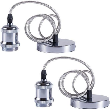 Lot de 2 suspensions vintage E27 en laiton antique avec cordon de mise à la terre et cordon tressé de 90 cm, Chrome (1/5)