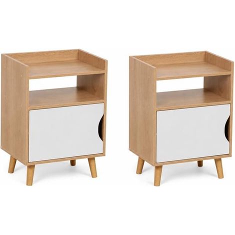 Table de chevet - JUANIO - Style scandinave moderne - Lot de 2 - Blanc/bois naturel - 1 niche + 1 porte