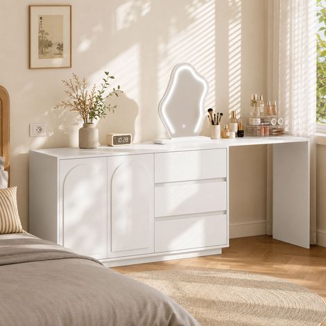 Coiffeuse extensible avec miroir LED 140x40x75 cm-3 couleurs-3 tiroirs-2 placards-Plateau coulissant-Blanc (1/5)