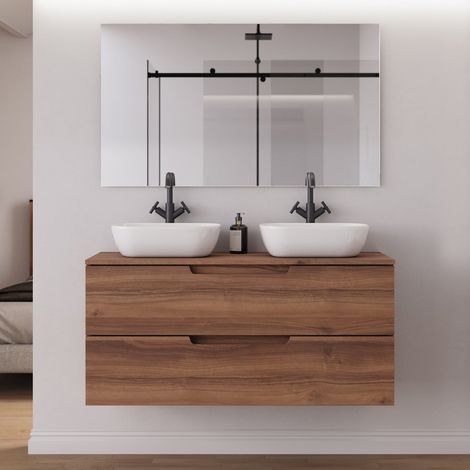 Meuble de salle de bain 120cm avec plateau et 2 vasques à poser arrondies - 2 tiroirs - noyer (bois foncé) - SONRIZA (1/5)