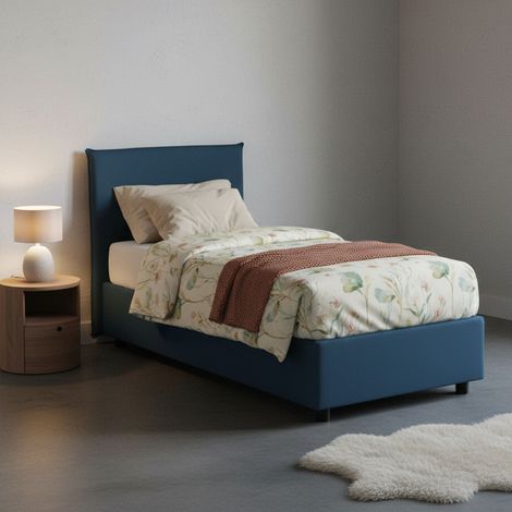 Dmora - Lit simple Dbach, Lit conteneur avec revêtement en tissu, 100% Made in Italy, Ouverture frontale, avec matelas Cm 80x200 inclus, Bleu (1/5)