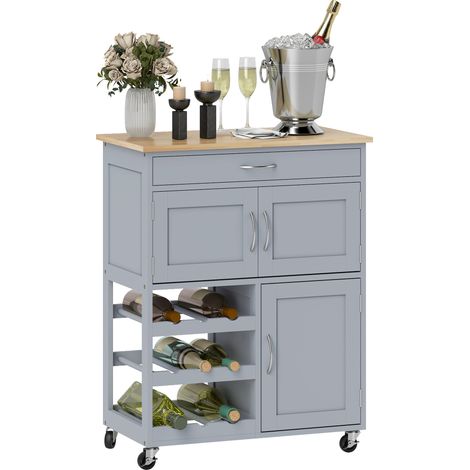 HOMCOM Rolling Kitchen Island Trolley Storage Cart w/ Rubberwood Top, Grey (1/5)