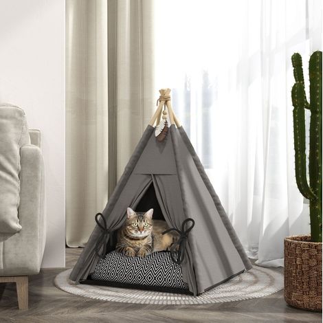 Katzen-Tipi 60 x 60 x 76 cm, abnehmbares und waschbares Kissen, rutschfester Boden, grau (1/5)