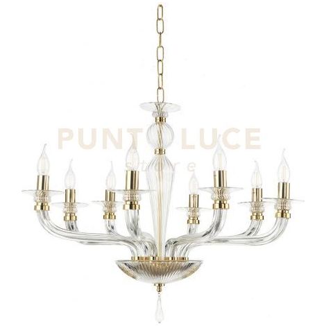 LAMPADARIO VILLA VETRO E METALLO 8 LUCI ORO E TRASPARENTE ATTACCO E14 D.82CM