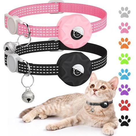 Collier GPS pour chat (amovible, avec clochette) (noir, rose) Pile bouton (1/5)
