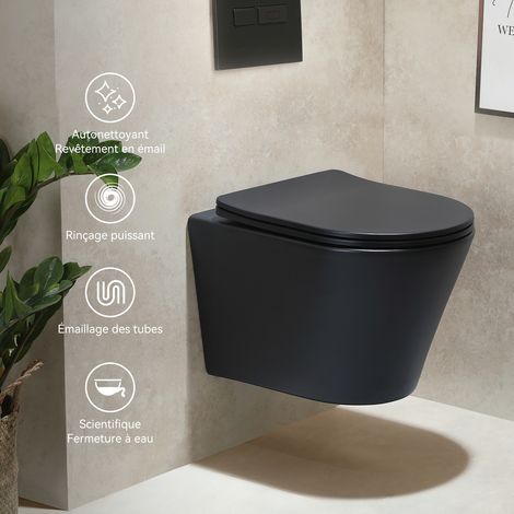 Horow – WC suspendu sans rebord en céramique noire – Chasse d'eau Powerflush – Abattant SoftClose – Dimensions 600x465x540mm