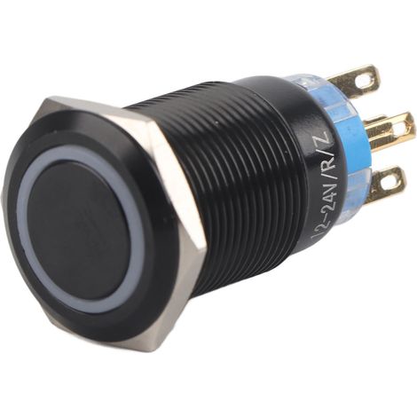 Interrupteur à bouton-poussoir métallique étanche autobloquant 19 mm 12 V-24 V, boîtier noir (avec anneau lumineux LED rouge) (1/5)
