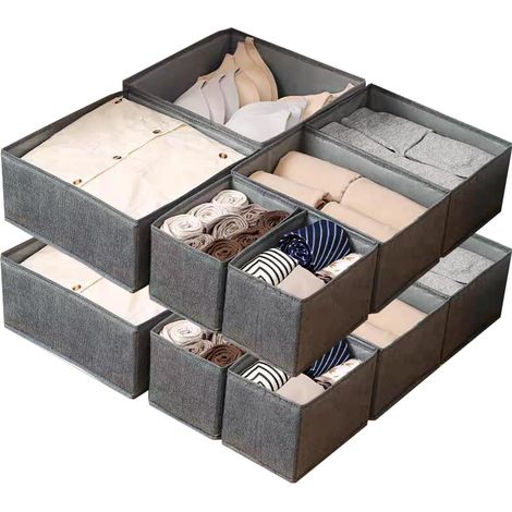 Organisateur Tiroir pliable Separateur Tiroirs Tissu Boite Rangement Vetement pour Chaussettes, Soutiens-gorge, Culottes, Cravates, Écharpes (gris foncé, 12 pièces) (1/5)