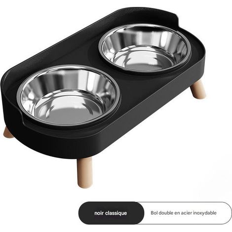 Gamelle surélevée pour chat - Acier inoxydable, double bac (32,5 × 17 × 10 cm) - Protection du cou - Noir