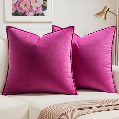 Housse de Coussin 45x45 en Velours Décorative Canapé Bordure Fushia (1/5)