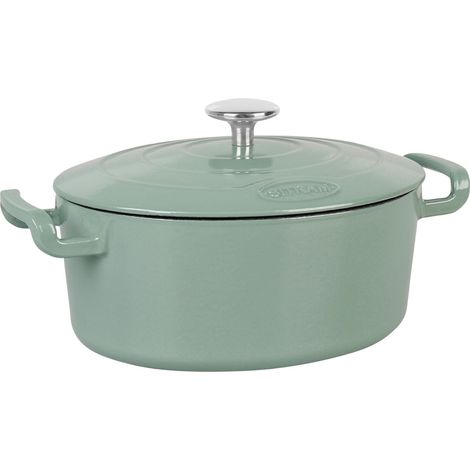 Sitram Sitrabella 715405 - Casseruola ovale in ghisa smaltata, lunghezza 26 cm, 4 litri, esterno smaltato, verde salvia interno bianco, tutte le fonti di calore, inclusa l'induzione, ideale per pasti (1/2)