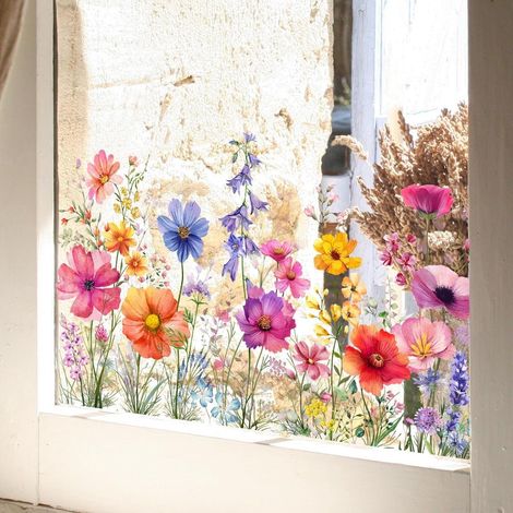 Stickers de fenêtre motif jardin fleuri, fleurs sauvages et graminées, lys, pivoines et coquelicots pour chambre, salon, bureau, décoration intérieure 30 x 60 cm (1/5)