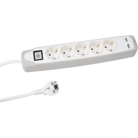 Multiprise avec Interrupteur, 5 Prises Schuko (Type F) avec Protection Enfant, 2 Ports USB, câble H05VV-F 3G1.5 de 1,5 m, 3500 W, IP20, Blanc, 16 A, 230 V (1/5)