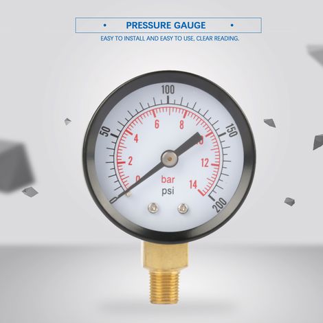 Manomètre à cadran 0-200 psi / 0-14 bar pour eau, air et huile, embase NPT 1/8".